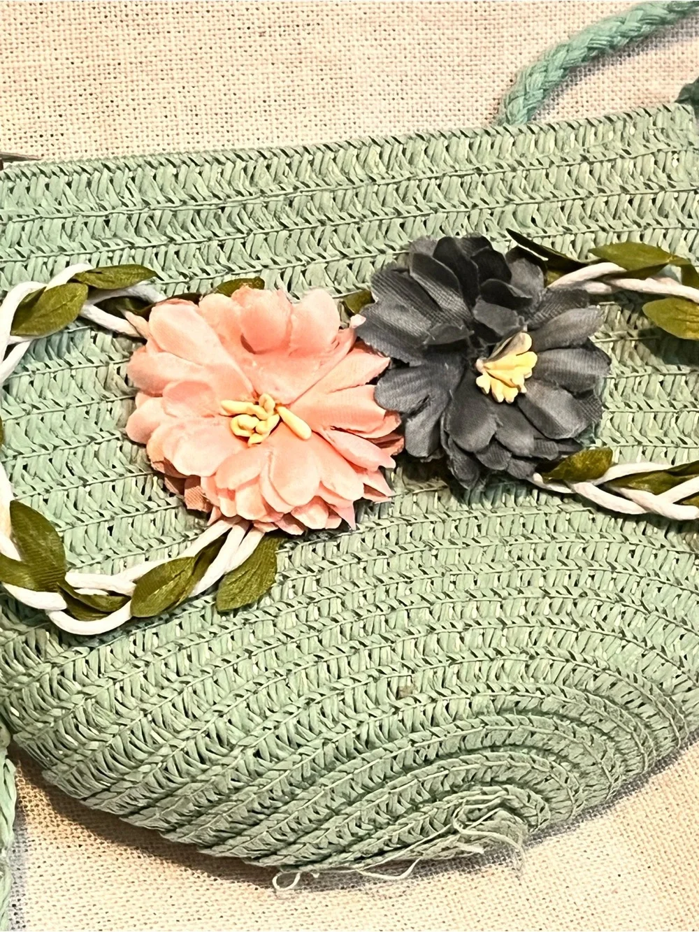 Girls Mint Floral Straw Sun Hat and Matching Crossbody Bag